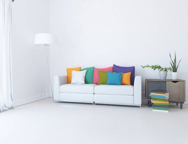 Mobilyalı beyaz minimalist oda. Renkli elementlerle dolu bir ev. 3B illüstrasyon
