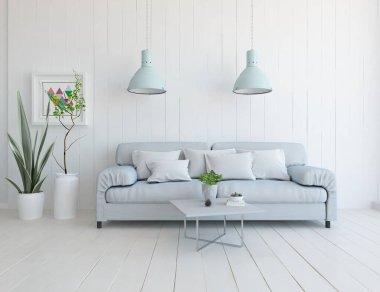 Mobilyalı beyaz minimalist oda. Renkli elementlerle dolu bir ev. 3B illüstrasyon