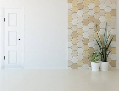 Büyük bir duvarı olan boş İskandinav aydınlatma odası fikri. Arkaplan iç mimarisi. İç mekan fikri. 3B illüstrasyon