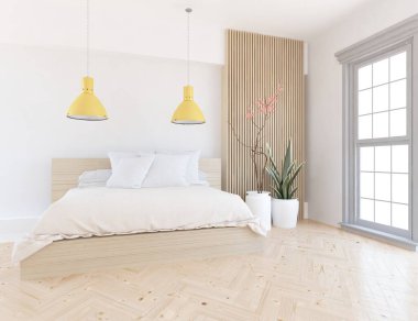 Beyaz yatak odalı, yataklı, ahşap zeminde güneş ışığı, büyük bir duvarda dekor. İç mekan olarak İskandinav tarzı. 3B illüstrasyon