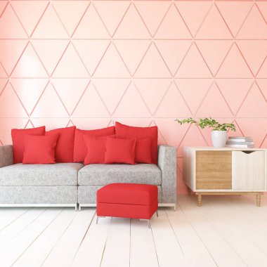 Mercan oturma odasının içinde kanepe, ahşap zeminde güneş ışığı, büyük bir duvarda dekor. İç mekan olarak İskandinav tarzı. 3B illüstrasyon