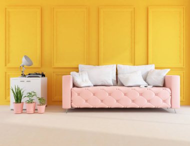 Sarı oturma odasının içinde kanepe, ahşap zeminde güneş ışığı, büyük bir duvarda dekor. Renkli elementlerin iç mimarisi ile kuzeye dönük. 3B illüstrasyon