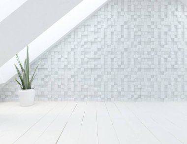 Büyük bir duvarı olan boş İskandinav aydınlatma odası fikri. Arkaplan iç mimarisi. İç mekan fikri. 3B illüstrasyon