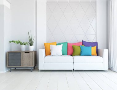 Mobilyalı beyaz minimalist oda. Renkli elementlerle dolu bir ev. 3B illüstrasyon