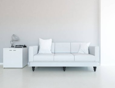 Mobilyalı beyaz minimalist oda. İç kısımları kuzeyli. 3B illüstrasyon