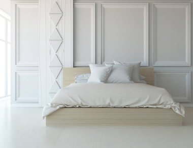 Beyaz yatak odalı, yataklı, ahşap zeminde güneş ışığı, büyük bir duvarda dekor. İç mekan olarak İskandinav tarzı. 3B illüstrasyon