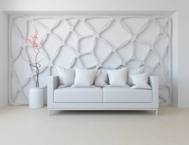 Beyaz oturma odasının içinde kanepe, ahşap zeminde güneş ışığı, büyük bir duvarda dekor. İç mekan olarak İskandinav tarzı. 3B illüstrasyon