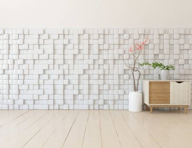 Büyük bir duvarı olan boş İskandinav aydınlatma odası fikri. Arkaplan iç mimarisi. İç mekan fikri. 3B illüstrasyon