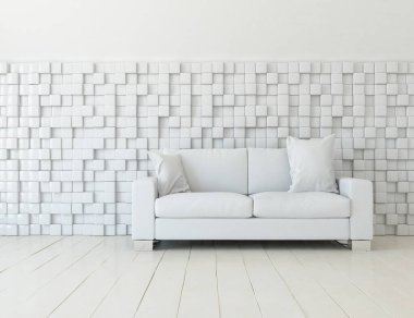 Beyaz oturma odasının içinde kanepe, ahşap zeminde güneş ışığı, büyük bir duvarda dekor. İç mekan olarak İskandinav tarzı. 3B illüstrasyon