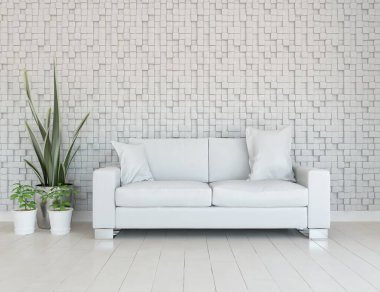 Beyaz oturma odasının içinde kanepe, ahşap zeminde güneş ışığı, büyük bir duvarda dekor. İç mekan olarak İskandinav tarzı. 3B illüstrasyon