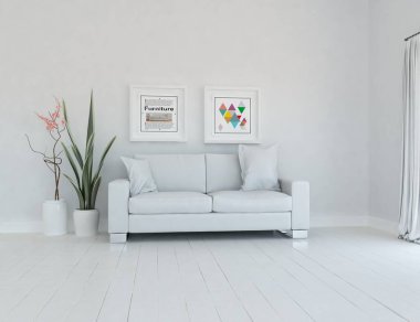 Beyaz oturma odasının içinde kanepe, ahşap zeminde güneş ışığı, büyük bir duvarda dekor. İç mekan olarak İskandinav tarzı. 3B illüstrasyon