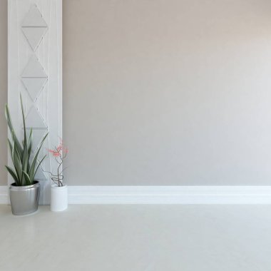 İskandinav aydınlatma odasının içi gri ve büyük bir duvarla kaplı. Arkaplan iç mimarisi. İç mekan fikri. 3B illüstrasyon