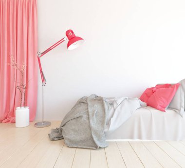 Beyaz yatak odalı, yataklı, ahşap zeminde güneş ışığı, büyük bir duvarda dekor. Renkli elementlerin iç mimarisi ile kuzeye dönük. 3B illüstrasyon