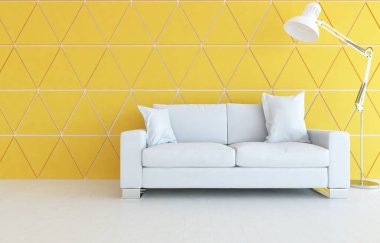 Sarı oturma odasının içinde kanepe, ahşap zeminde güneş ışığı, büyük bir duvarda dekor. Renkli elementlerin iç mimarisi ile kuzeye dönük. 3B illüstrasyon