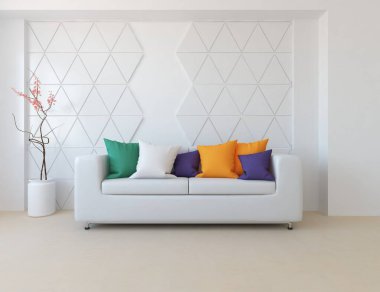 Mobilyalı beyaz minimalist oda. Renkli elementlerle dolu bir ev. 3B illüstrasyon