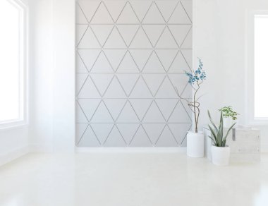 Büyük bir duvarı olan boş İskandinav aydınlatma odası fikri. Arkaplan iç mimarisi. İç mekan fikri. 3B illüstrasyon