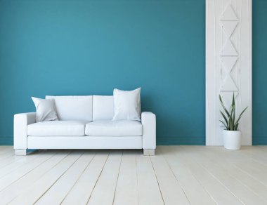 Mavi oturma odasının içinde kanepe, ahşap zeminde güneş ışığı, büyük bir duvarda dekor. Renkli elementlerin iç mimarisi ile kuzeye dönük. 3B illüstrasyon