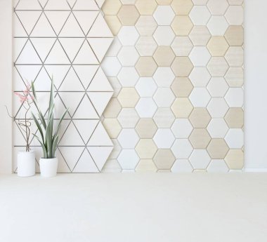 Büyük bir duvarı olan boş İskandinav aydınlatma odası fikri. Arkaplan iç mimarisi. İç mekan fikri. 3B illüstrasyon