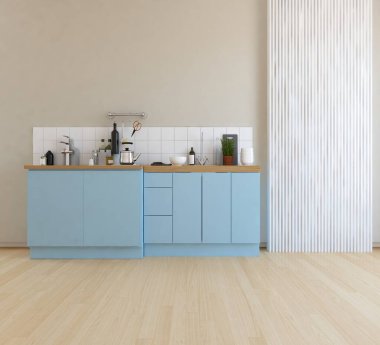 Açık bej renkli geniş mutfak odası. Yemek mobilyaları ve büyük duvarları var. Renkli elementlerin iç mimarisi ile kuzeye dönük. 3B illüstrasyon