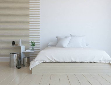 Beyaz yatak odalı, yataklı, ahşap zeminde güneş ışığı, büyük bir duvarda dekor. İç mekan olarak İskandinav tarzı. 3B illüstrasyon