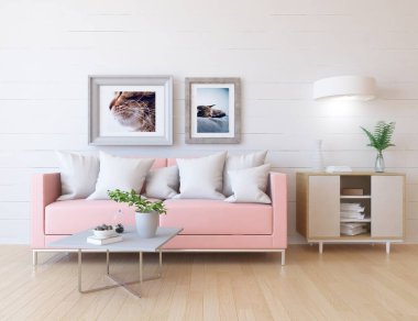 Beyaz oturma odasının içinde kanepe, ahşap zeminde güneş ışığı, büyük bir duvarda dekor. Renkli elementlerin iç mimarisi ile kuzeye dönük. 3B illüstrasyon