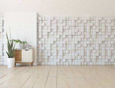 İçi boş İskandinav aydınlatma odası fikri. Büyük duvarı ve şifoniyeri var. Arkaplan iç mimarisi. İç mekan fikri. 3B illüstrasyon