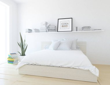 Beyaz yatak odalı, yataklı, ahşap zeminde güneş ışığı, büyük bir duvarda dekor. İç mekan olarak İskandinav tarzı. 3B illüstrasyon