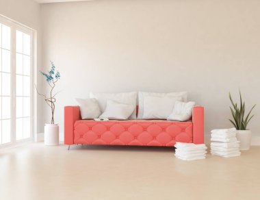 Beyaz oturma odasının içinde kanepe, ahşap zeminde güneş ışığı, büyük bir duvarda dekor. Renkli elementlerin iç mimarisi ile kuzeye dönük. 3B illüstrasyon