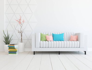 Mobilyalı beyaz minimalist oda. Renkli elementlerle dolu bir ev. 3B illüstrasyon