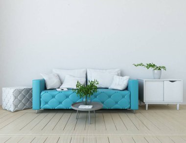 Beyaz oturma odasının içi kanepeli, güneş ışığı ahşap bir döşeme üzerinde, kuzeye doğru renkli elementler şeklinde iç mekanı var. 3B illüstrasyon