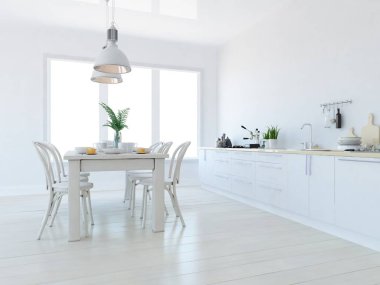 Geniş bir mutfak odası, yemek mobilyaları ve büyük duvarları var. İç kısımları kuzeyli. 3B illüstrasyon