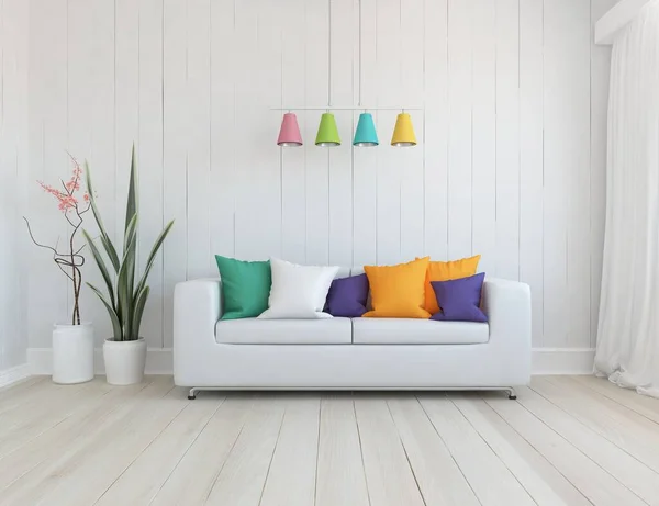 ソファ付きの白いリビングルームのインテリア木製の床に日光大きな壁に装飾 色の要素スタイルのインテリアとホーム北欧 3Dイラスト — ストック写真