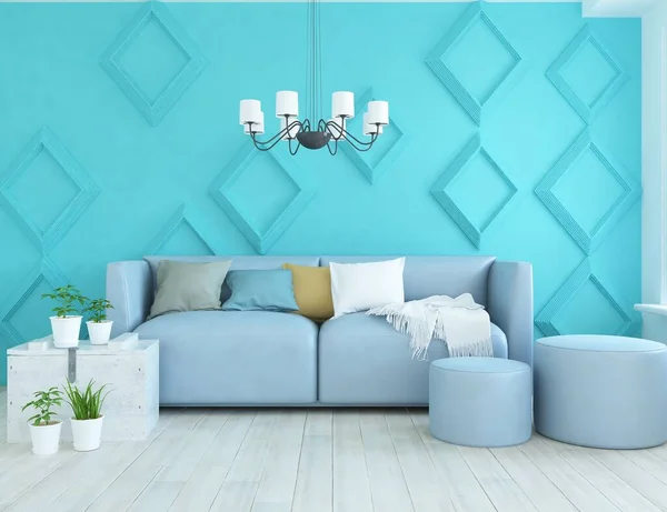 blue living room interior with sofa, sunlight on a wooden floor, decor on a large wall. Home nordic with colored elements style interior . 3D illustration