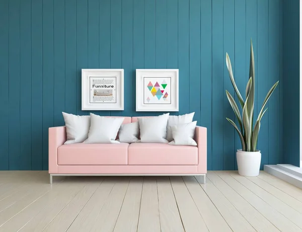 ソファ付きの青いリビングルームのインテリア木製の床に日光大きな壁に装飾 色の要素スタイルのインテリアとホーム北欧 3Dイラスト — ストック写真