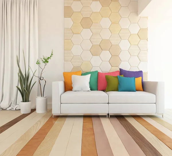 ソファ付きの白いリビングルームのインテリア木製の床に日光大きな壁に装飾 色の要素スタイルのインテリアとホーム北欧 3Dイラスト — ストック写真