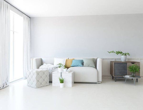 White minimalist room interior with furniture. Home interior with colored elements. 3D illustration