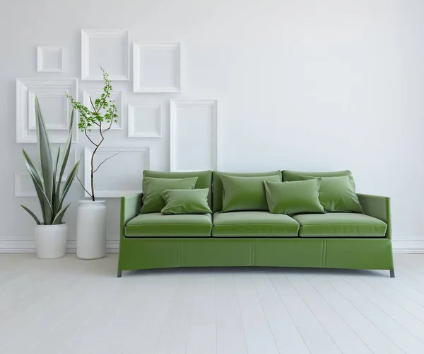 家具付きの白いミニマリストルームインテリア 色の要素とホームインテリア 3Dイラスト — ストック写真
