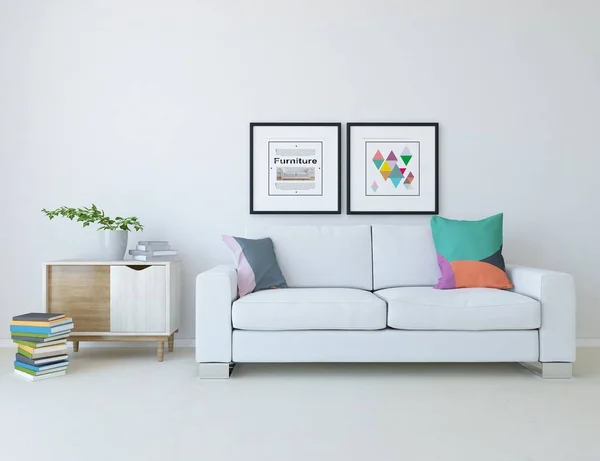 White minimalist room interior with furniture. Home interior with colored elements. 3D illustration