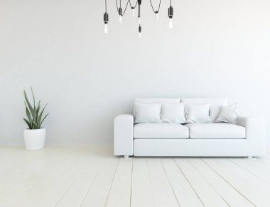 Oturma odasının içinde kanepe, ahşap zeminde güneş ışığı, büyük bir duvarda dekor. İç mekan olarak İskandinav tarzı. 3B illüstrasyon