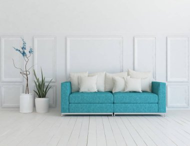 Oturma odasının içinde kanepe, ahşap zeminde güneş ışığı, büyük bir duvarda dekor. Renkli elementlerin iç mimarisi ile kuzeye dönük. 3B illüstrasyon