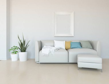 Oturma odasının içinde kanepe, ahşap zeminde güneş ışığı, büyük bir duvarda dekor. Renkli elementlerin iç mimarisi ile kuzeye dönük. 3B illüstrasyon