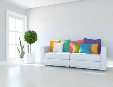 Oturma odasının içinde kanepe, ahşap zeminde güneş ışığı, büyük bir duvarda dekor. Renkli elementlerin iç mimarisi ile kuzeye dönük. 3B illüstrasyon