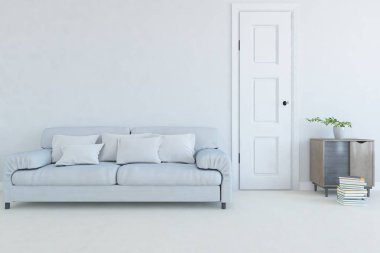 Oturma odasının içinde kanepe, ahşap zeminde güneş ışığı, büyük bir duvarda dekor. İç mekan olarak İskandinav tarzı. 3B illüstrasyon