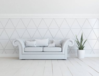 Oturma odasının içinde kanepe, ahşap zeminde güneş ışığı, büyük bir duvarda dekor. İç mekan olarak İskandinav tarzı. 3B illüstrasyon