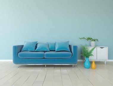 Mavi oturma odasının içinde kanepe, ahşap zeminde güneş ışığı, büyük bir duvarda dekor. Renkli elementlerin iç mimarisi ile kuzeye dönük. 3B illüstrasyon