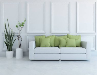 Oturma odasının içinde kanepe, ahşap zeminde güneş ışığı, büyük bir duvarda dekor. Renkli elementlerin iç mimarisi ile kuzeye dönük. 3B illüstrasyon