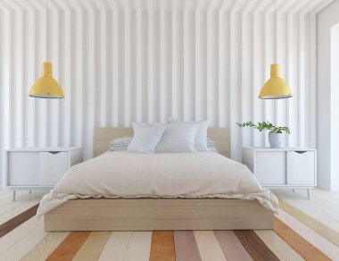 Yatak odasının içinde yatak odası, ahşap zeminde güneş ışığı, büyük bir duvarda dekor. Renkli elementlerin iç mimarisi ile kuzeye dönük. 3B illüstrasyon