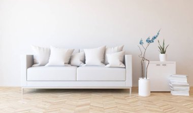 Oturma odasının içinde kanepe, ahşap zeminde güneş ışığı, büyük bir duvarda dekor. İç mekan olarak İskandinav tarzı. 3B illüstrasyon