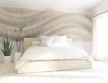 Yatak odasının içinde yatak odası, ahşap zeminde güneş ışığı, büyük bir duvarda dekor. Renkli elementlerin iç mimarisi ile kuzeye dönük. 3B illüstrasyon