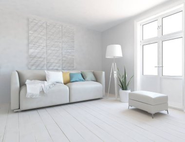 Oturma odasının içinde kanepe, ahşap zeminde güneş ışığı, büyük bir duvarda dekor. Renkli elementlerin iç mimarisi ile kuzeye dönük. 3B illüstrasyon